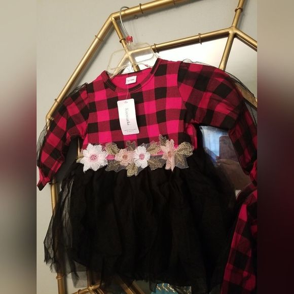 Girls Buffalo Plaid Black & Red Long Sleeve Floral Embroidered Tutu Dress NWT - Picture 8 of 12